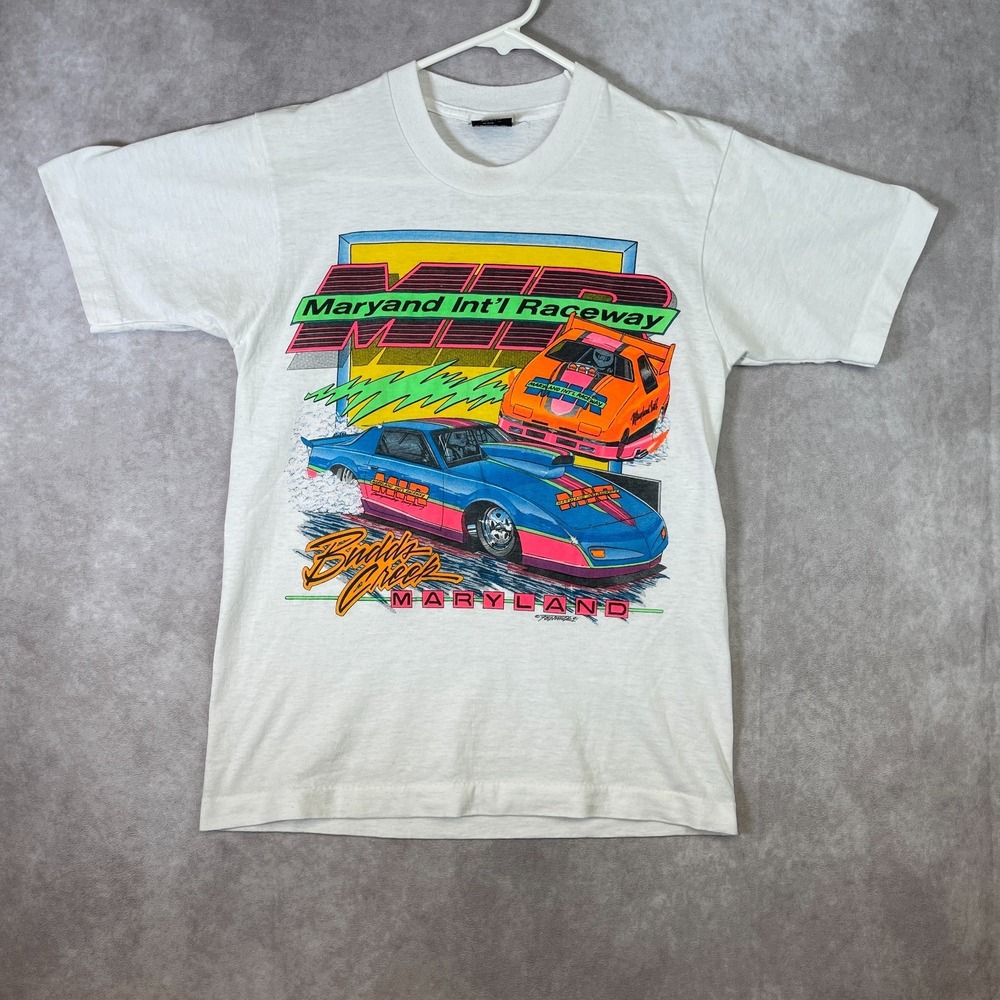 VINTAGE Budds Creek Shirt Adult Small White Tee Paper Thin Racing Cars 80s USA